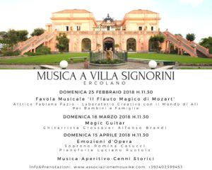 Con la favola musicale “Il Flauto Magico di Mozart” inizia la rassegna “Musica a Villa Signorini”, il 25 febbraio 2018 presso Villa Signorini, Ercolano