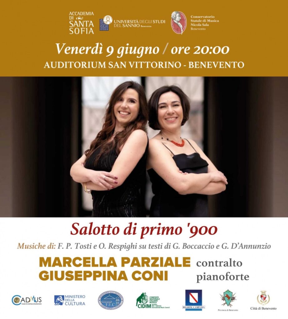 Marcella Parziale e Giuseppina Coni protagoniste del concerto “Salotto di primo ‘900”, il 9 giugno 2023 presso l’Auditorium San Vittorino di Benevento Marcella Parziale e Giuseppina Coni protagoniste del concerto “Salotto di primo ‘900”, il 9 giugno 2023 presso l’Auditorium San Vittorino di Benevento