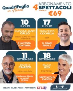 Quadrifoglio in Arena: Massimiliano Gallo, Francesco Cicchella, Paolo Caiazzo e Biagio Izzo per l’estate comica napoletana all’Arena Flegrea